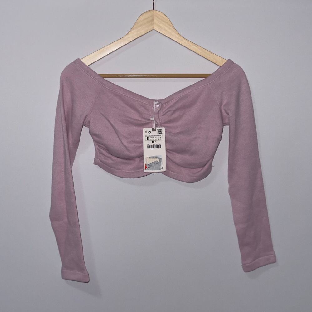 Zara Women's Soft Ruched pink Cropped Button Down Womens size small